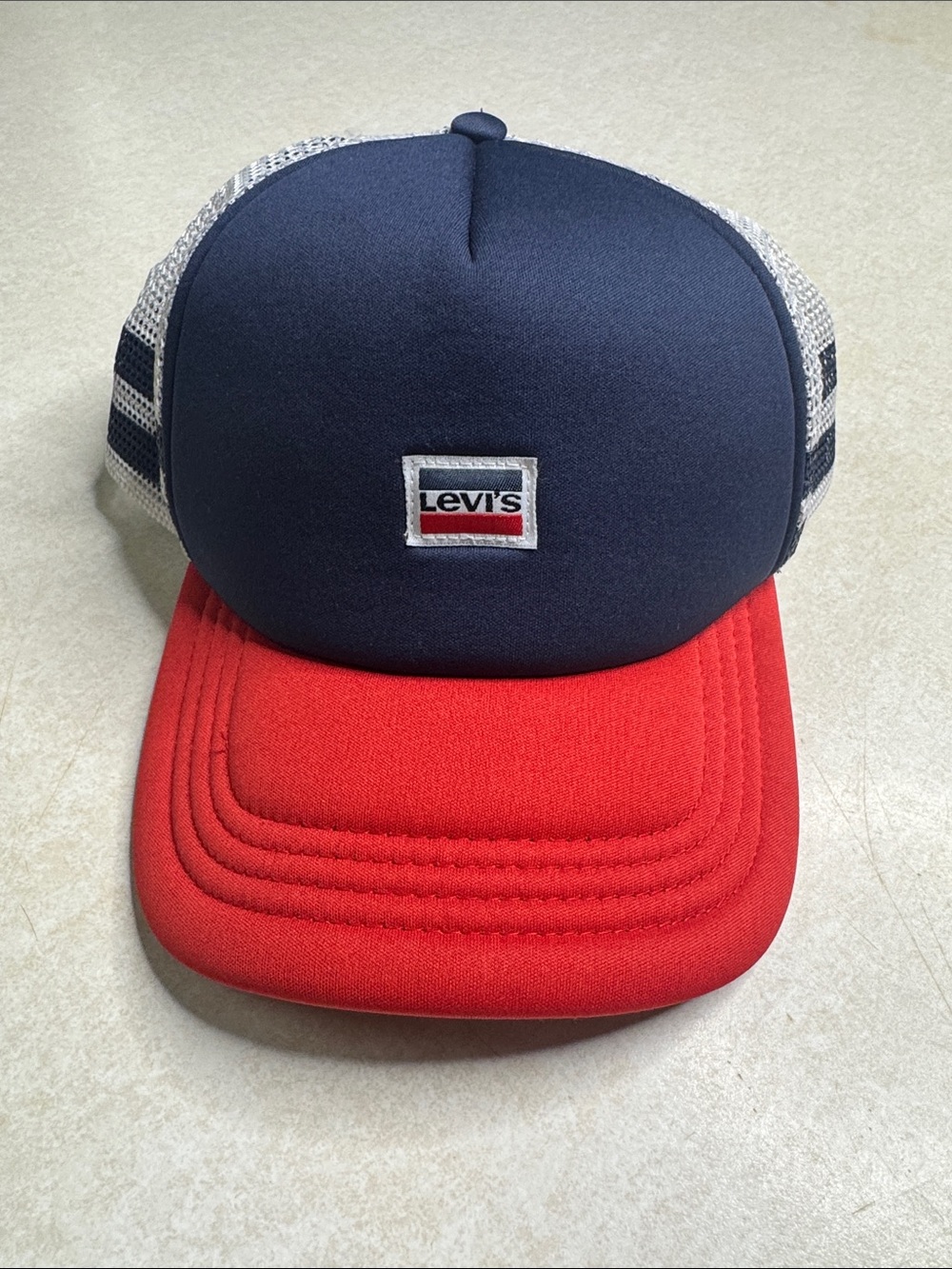 Like New Vintage Levi's Navy Trucker Hat Foam Mesh Snapback Stripes White Blue